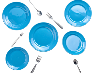  Contemporary Floating Blue Plates and Silverware with Reflective Highlights isolated on transparent background PNG