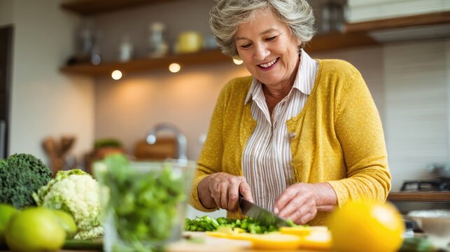 Cheerful elderly woman preparing fresh vegetables in a modern kitchen, showcasing joyful cooking moments and healthy eating lifestyle for senior individuals.