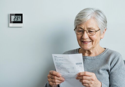 An elderly woman reads a utility bill near a wall-mounted digital thermostat