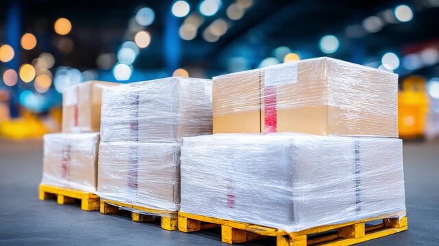 Boxes Ready for Dispatch: Stacked cardboard boxes, wrapped securely, on wooden pallets, ready for shipment, conveying efficiency and order in a modern warehouse environment.