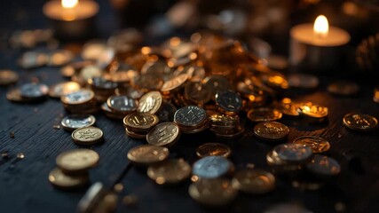 Flickering tealight flames dancing above dark tabletop, illuminating gold and silver coin pile - Powered by Adobe