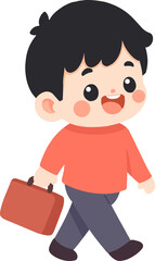 Illustration of a Smiling Boy Walking with Bag flat