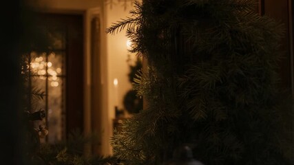Camera opening on evergreen boughs in foyer shifting focus to lit wreath creating festive ambiance - Powered by Adobe