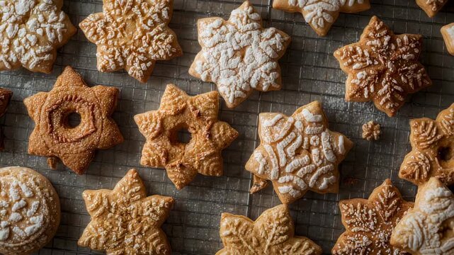 Moving camera zooming in on cooling rack on countertop, showing star and snowflake butter cookies
