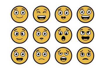 A diverse collection of twelve expressive yellow emoji faces illustrating a wide range of human emotions and feelings, perfect for digital communication and web design