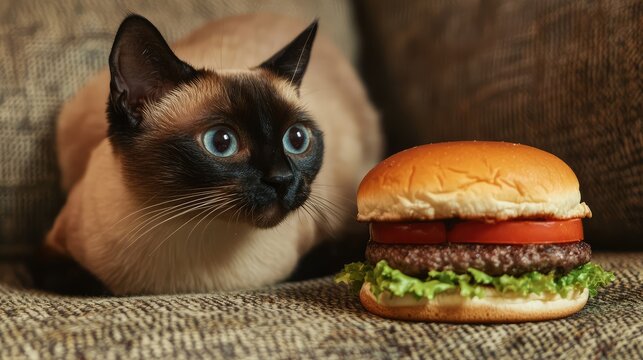 A curious Siamese cat tilting its head, staring at a perfectly assembled fast food burger on the sofa.