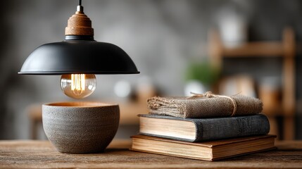 Still Life with Vintage Lamp, Books, and Rustic Bowl on Wooden Table