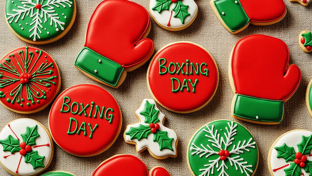 Assortment of Boxing Day Themed Decorated Cookies with Holly and Snowflakes holiday Christmas