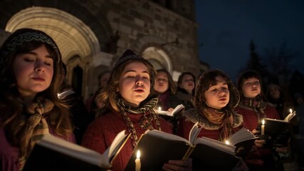 Children's choir in winter coats igniting candles, singing hymns at church portal, holding hymnals - Powered by Adobe