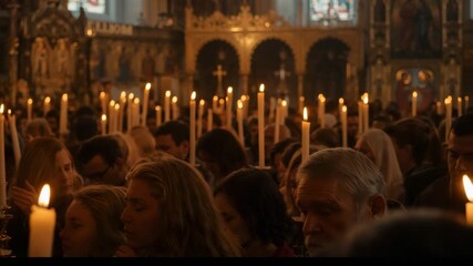 Service starting as congregants holding beeswax candles and praying in church nave with iconostasis