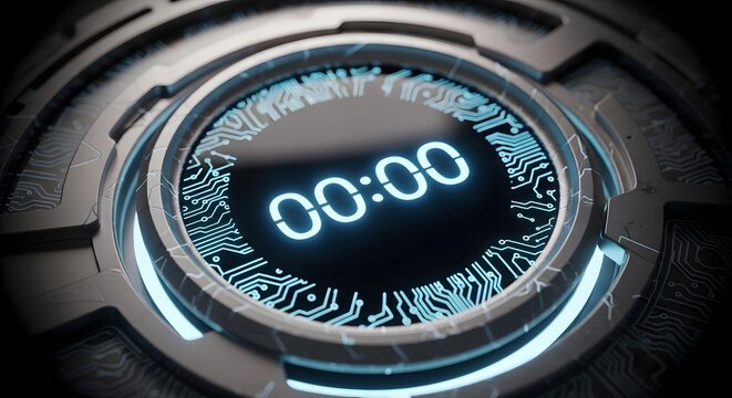 Close-up of a high-tech metallic device featuring a glowing blue digital clock displaying 00:00 surrounded by intricate circuit patterns.