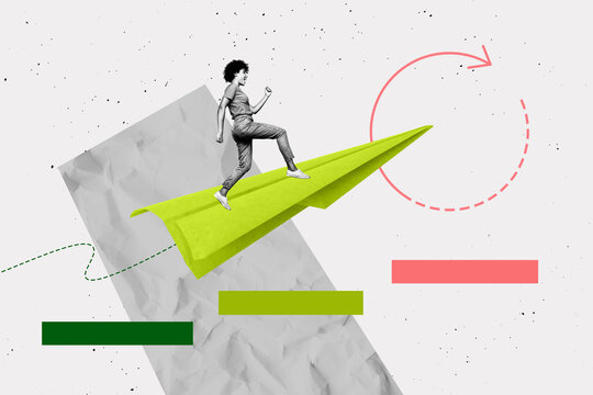 Fototapeta 3d full poster banner pop collage of happy businesswoman run paper plane arrow development aim achievement target progress