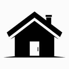 A simple black and white illustration of a house with a chimney and a door, representing home and shelter