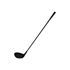 An isolated black silhouette icon of a golf club driver, a symbol of the classic sport, a recreational hobby, and the concept of a powerful tee-off swing