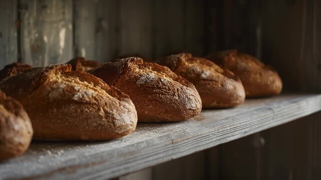Following shot camera gliding right revealing flour-dusted loaves on bakery shelf showing texture
