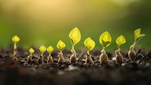 Sunlight spurring germinating seedlings sprouting through soil in garden bed, unfolding leaves