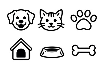 Simple and cute pet icons featuring a dog, cat, paw print, dog house, food bowl, and bone