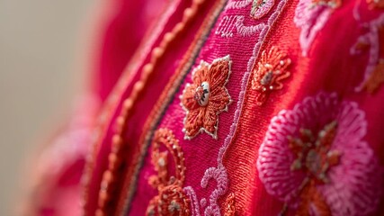 Camera shifting focus to reveal red embroidery in workspace, with pink orange threads, bead accents - Powered by Adobe