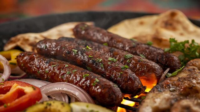 Embers sparking sizzling kebabs on grill charring onion, peppers, warming flatbread and herb flakes