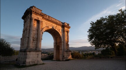 Obraz premium Sunlit ancient Roman arch whispers history's secrets, capturing golden nostalgia for Pi Day and International Archeology Day wanderlust