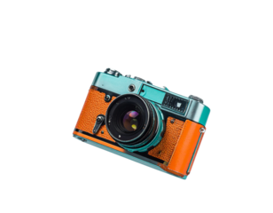 Floating Vintage Orange and Teal Camera with Soft Glow and Lens Reflection isolated on transparent background PNG