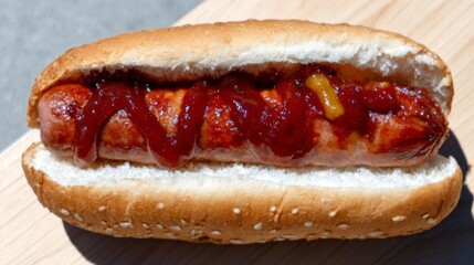 Grilled hot dog with tangy swirls of ketchup, epitomizing backyard BBQ vibes and National Hot Dog Day revelry