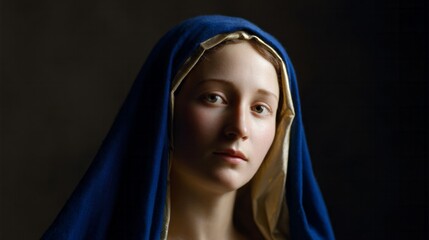 ```markdownA serene Caucasian woman in a blue veil embodies ethereal tranquility, evoking mystical lunar festivals and St Lucy's Day```