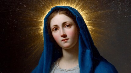 ```A serene European woman in azure veil, radiant halo whispers divine serenity, evoking Immaculate Conception celebrations, Marian devotion```
