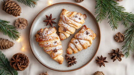 Festive croissants shaped like Christmas trees, dusted with powdered sugar, resting on plate surrounded by star anise and pine cones, evoking holiday warmth