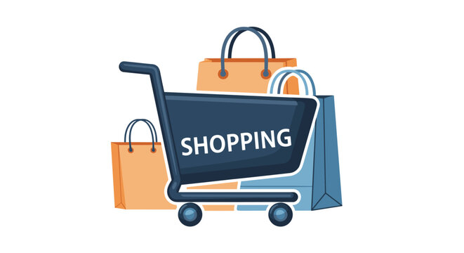 Shopping cart with paper bags for purchases. Concept for retail, consumerism, and e-commerce. Online store order symbol. Sale, discount, and special offer banner. Vector icon.