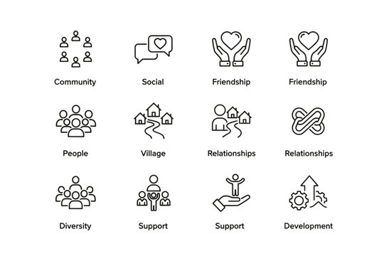 Friendship, support and community vector icon collection. Line icons representing social connection, relationships, diversity, teamwork, development and local village life.