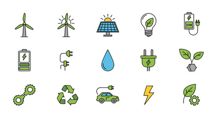 Set of green energy vector icons. Renewable resources and sustainability concept. Eco friendly power, wind turbine, solar panel, electric car, recycling, environment symbols.