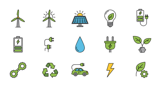 Set of green energy vector icons. Renewable resources and sustainability concept. Eco friendly power, wind turbine, solar panel, electric car, recycling, environment symbols.