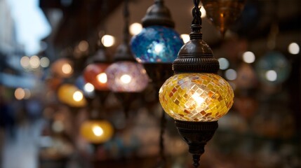 Mosaic Turkish lanterns glow softly like celestial ornaments, invoking the mystique of Bazaar Day and Diwali's radiant embrace