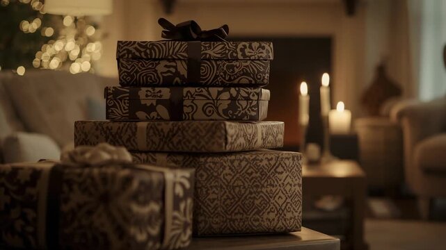 Opening shot showing stack of gift boxes on table in living room, showcasing candles tree lights