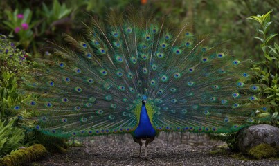 Obraz premium Majestic peacock displaying vibrant plumage in lush garden setting.