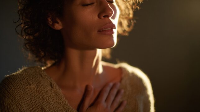 A serene African American woman, bathed in golden dawn light, channels inner peace, resonating with World Meditation Day vibes