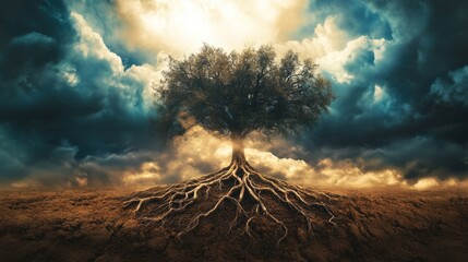 large, leafy tree in the middle of a deforested forest generative ai