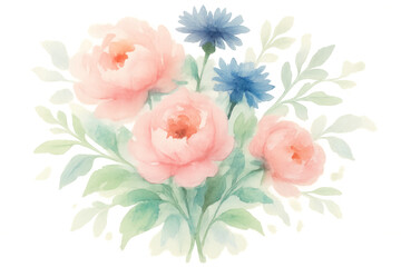 Watercolor floral bouquet with pink peonies and blue cornflowers, delicate hand painted botanical arrangement on transparent background