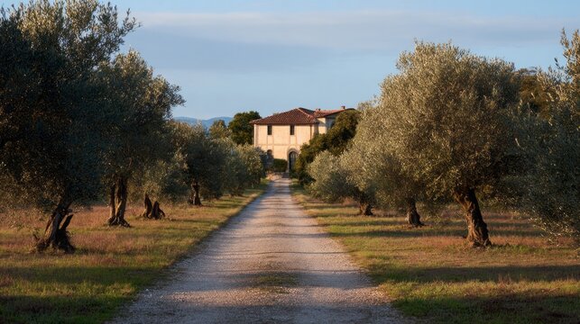 Sunlit olive tree avenue leading to rustic villa, evokes Mediterranean harvest, La Festa dei Cugini, and whispers of nostalgia
