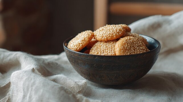 Crunchy sesame mooncakes nestled in ornate bowl, lunar harmony dance, Mid-Autumn Festival delight, mystical elixir of heritage