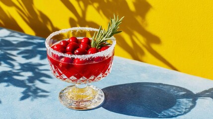 Enticing ruby cocktail in crystal goblet, with rosemary sprig, evokes solstice celebrations and fanciful vintage summer soirees