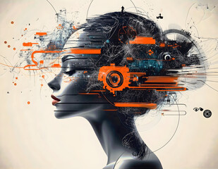 Overthinking, restlessness and burnout. Modern, conceptual illustration of a female figure overwhelmed by intrusive thoughts, emotional stress, anxiety, mental overload and psychological struggle.