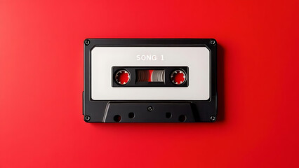 Obraz premium Vintage cassette tape on red background symbolizing retro music nostalgia