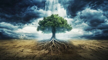 large, leafy tree in the middle of a deforested forest generative ai
