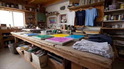 A sunlit artisan studio brims with colorful screen printing frames, embracing Serigraphy Day and International Craft Month in vibrant synergy