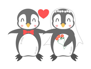 Cute Penguin Wedding Couple Clipart, Bride and Groom with Bouquet and Heart