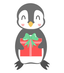 Cute Penguin Holding a red and green Gift Box, created by hand drawn