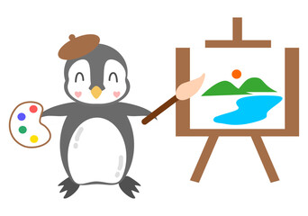 Cute Cartoon Penguin Artist Painting on an Easel, created by hand drawn