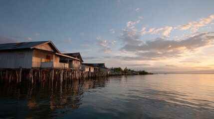 Coastal stilt houses bask in golden dusk, echoing tranquility of Nyepi and Bon festivals, whispering serene maritime tales